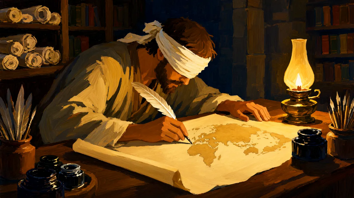 A blind scribe writing by lamplight